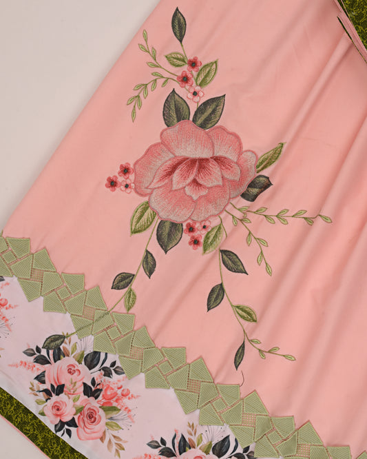 Peach Rida With Smart Floral Panel Lace & Floral Applique Work