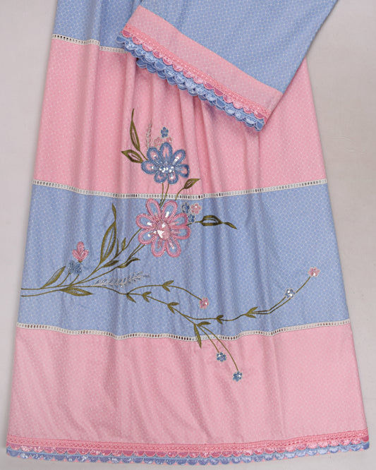 Blue & Pink Rida With Block Pattern & Floral Aari Work