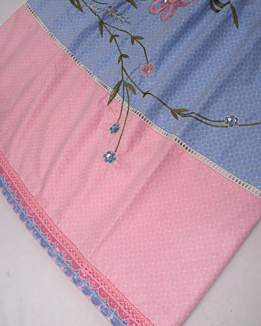 Blue & Pink Rida With Block Pattern & Floral Aari Work