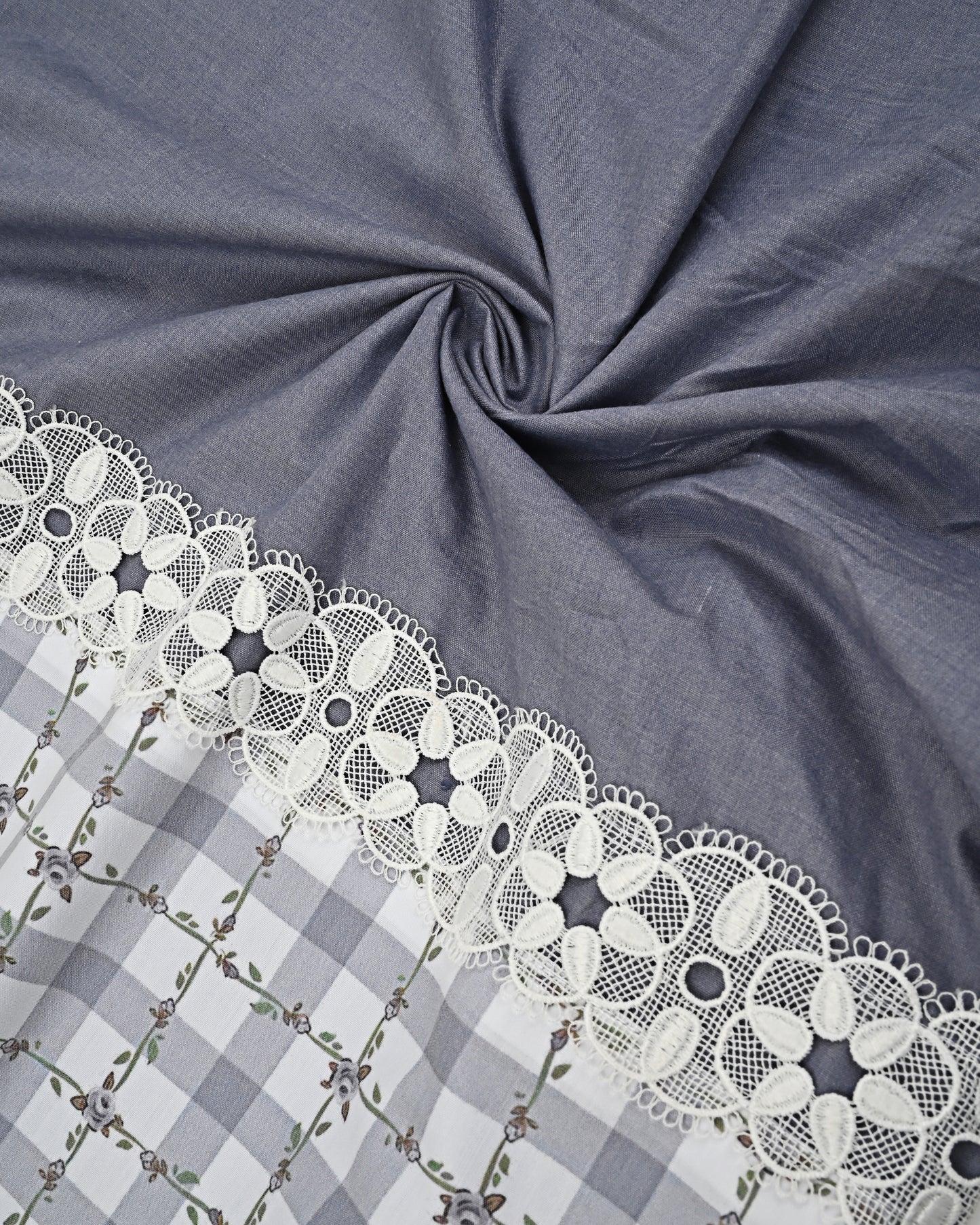 Dark Grey Ohbat Rida With Smart Checks & Floral Panel Lace