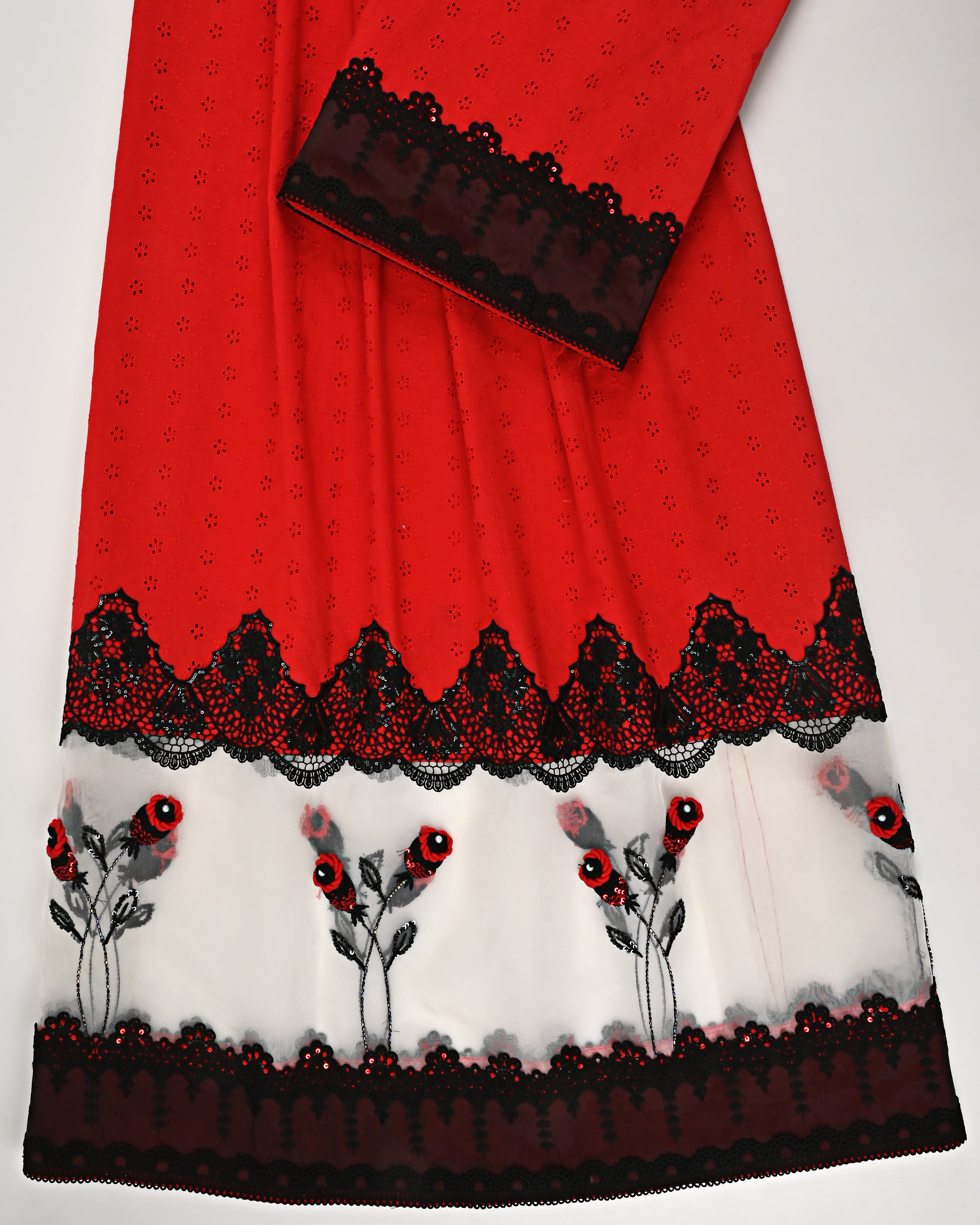 Blood Red Hakoba Rida With White Organza Net Floral Work & Smart Black Lace