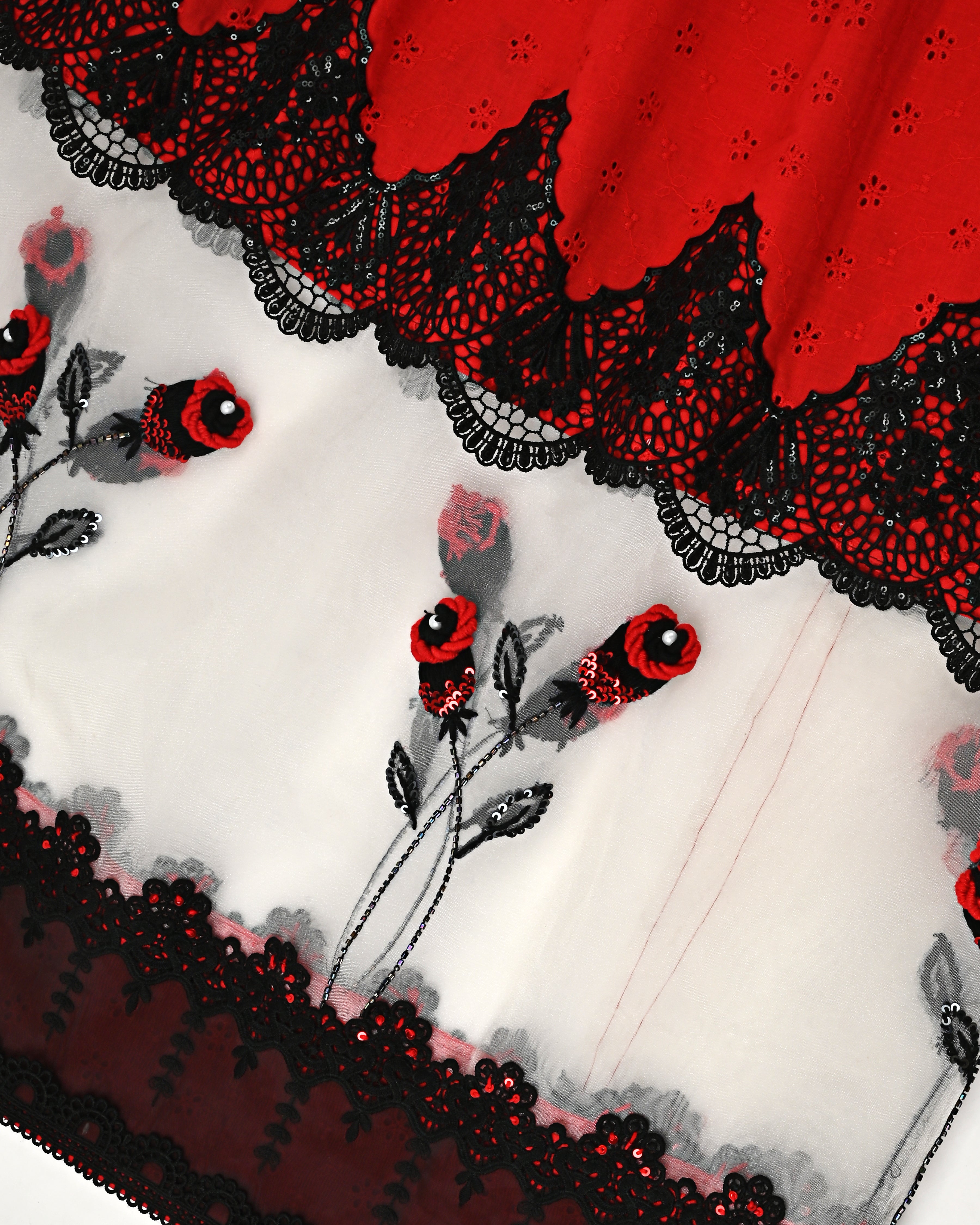 Blood Red Hakoba Rida With White Organza Net Floral Work & Smart Black Lace