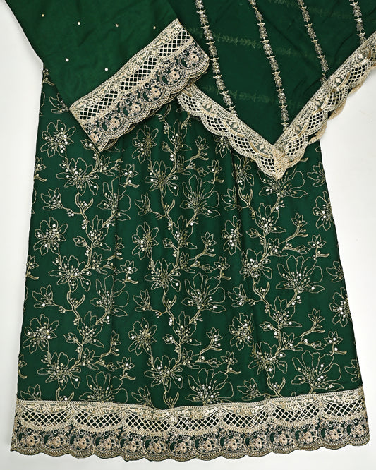 Dark Green RCJ With Full Embroidery Material & Golden Lace