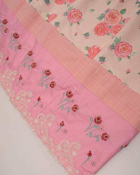 Peach Rida With Floral Panel & All Over Bullions Border Work