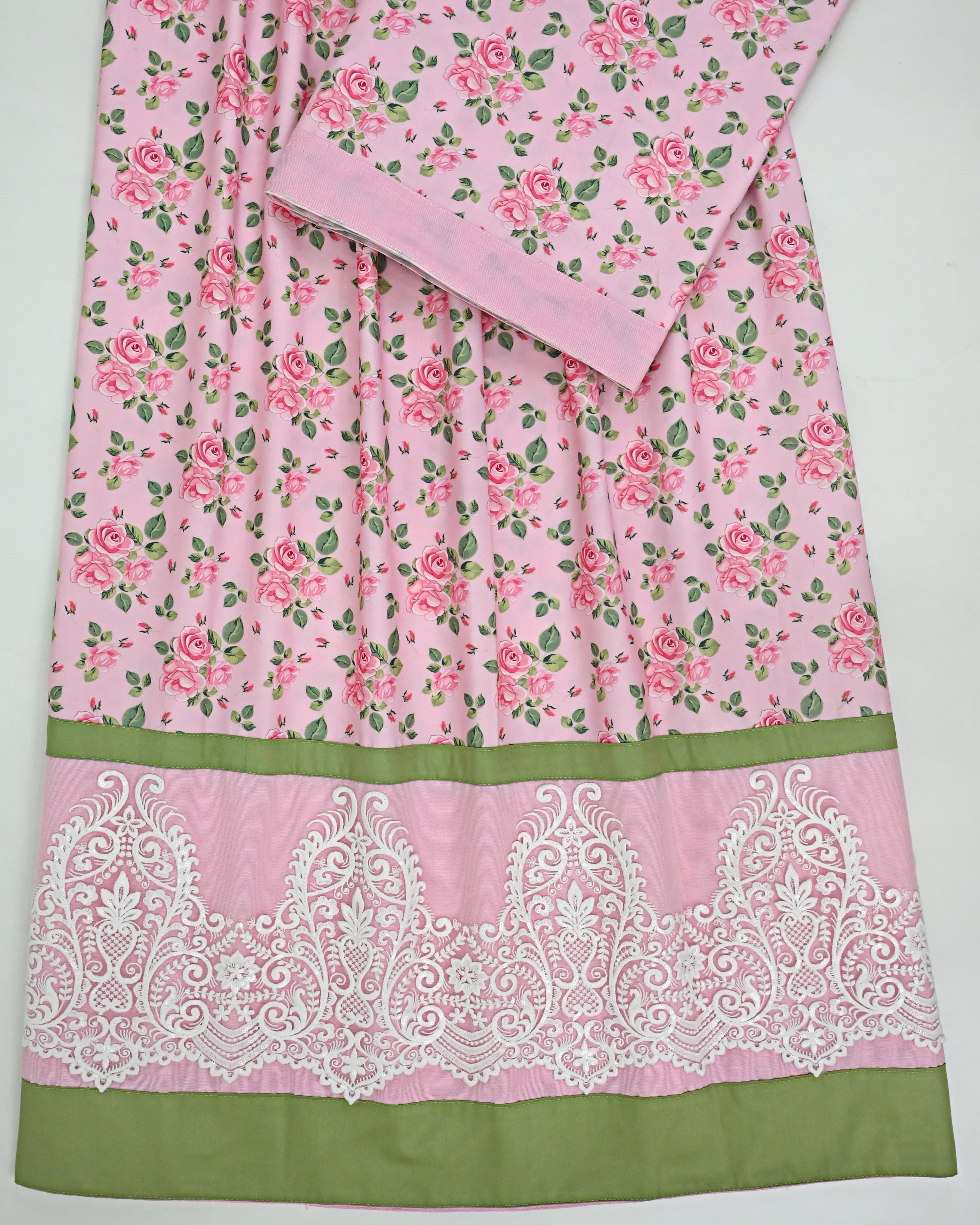 Baby Pink Base Floral Printed Rida With Smart Floral Lace & Green Panel