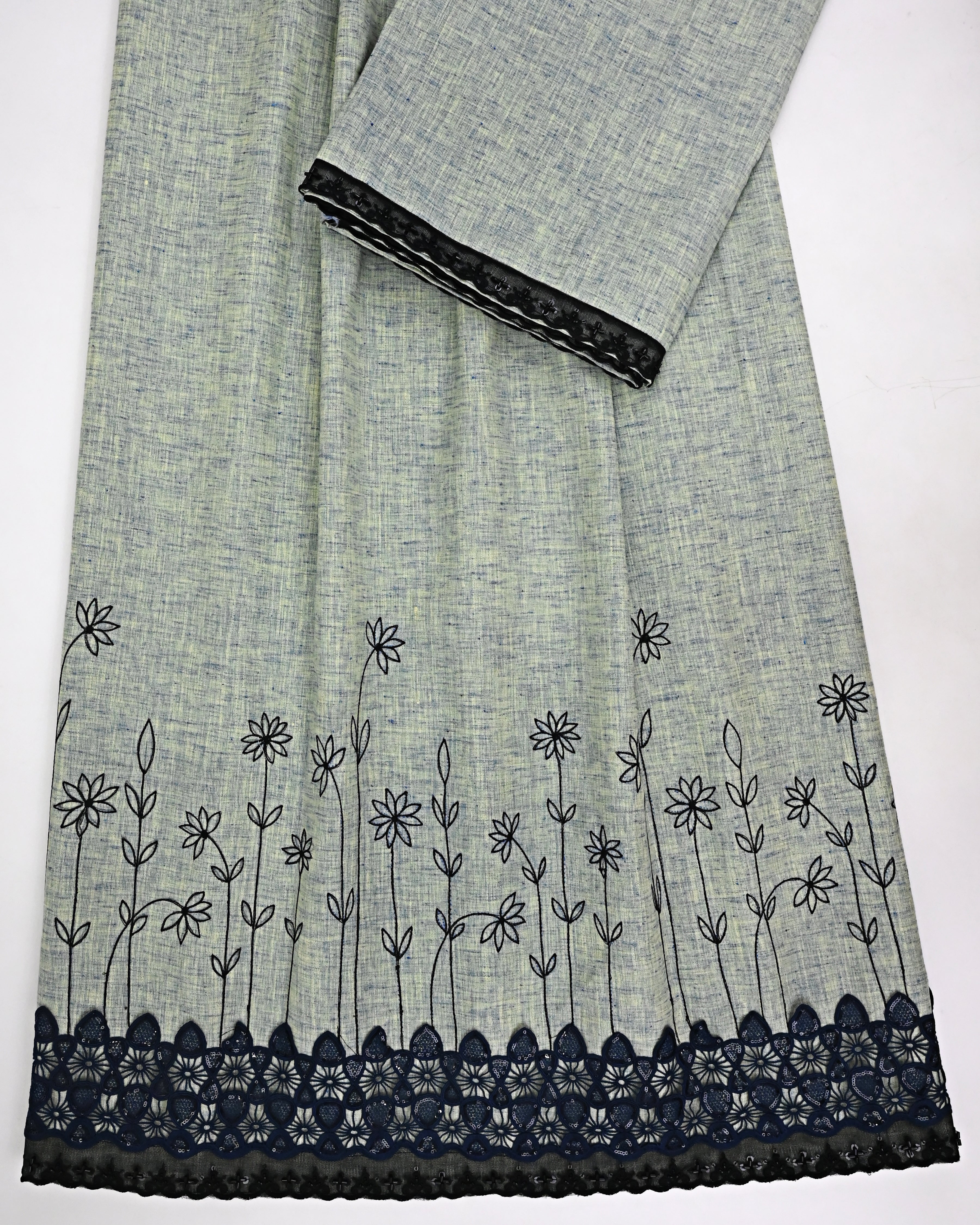 Greyish Blue Rida With Smart  Floral All Over Embroidery & Smart Black Lace