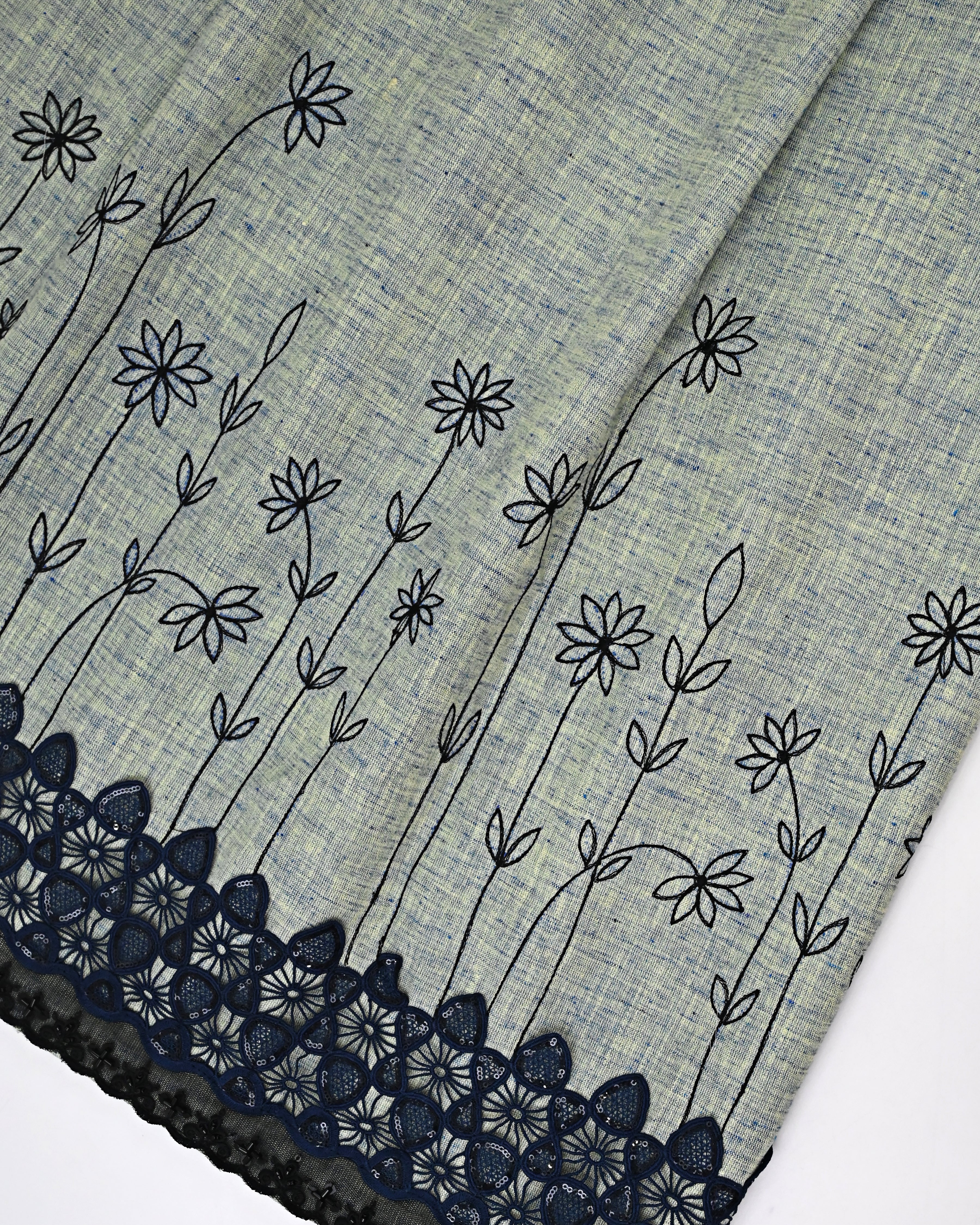 Greyish Blue Rida With Smart  Floral All Over Embroidery & Smart Black Lace
