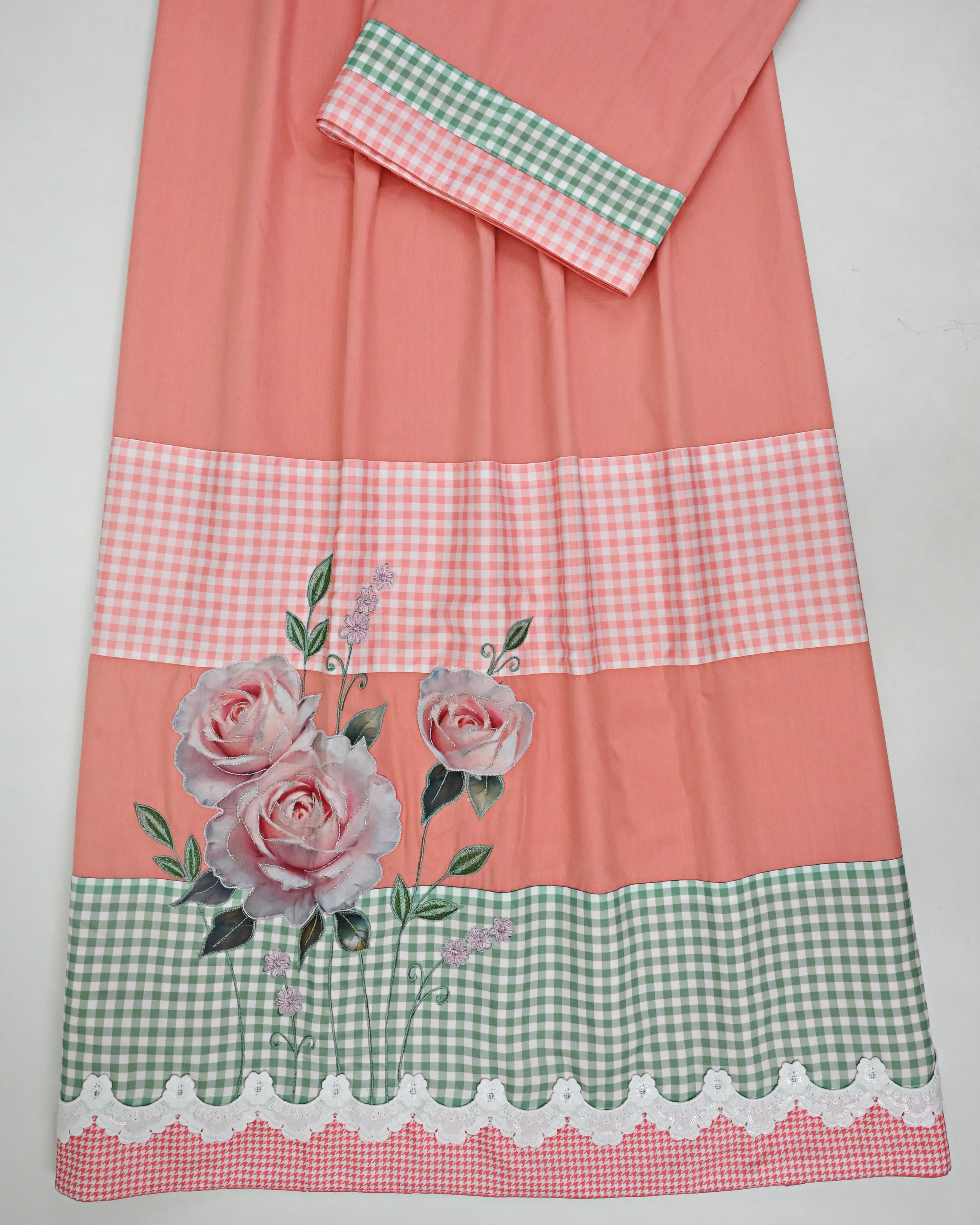Coral Peach Rida With Smart Checks Panel & Smart Floral Applique Work