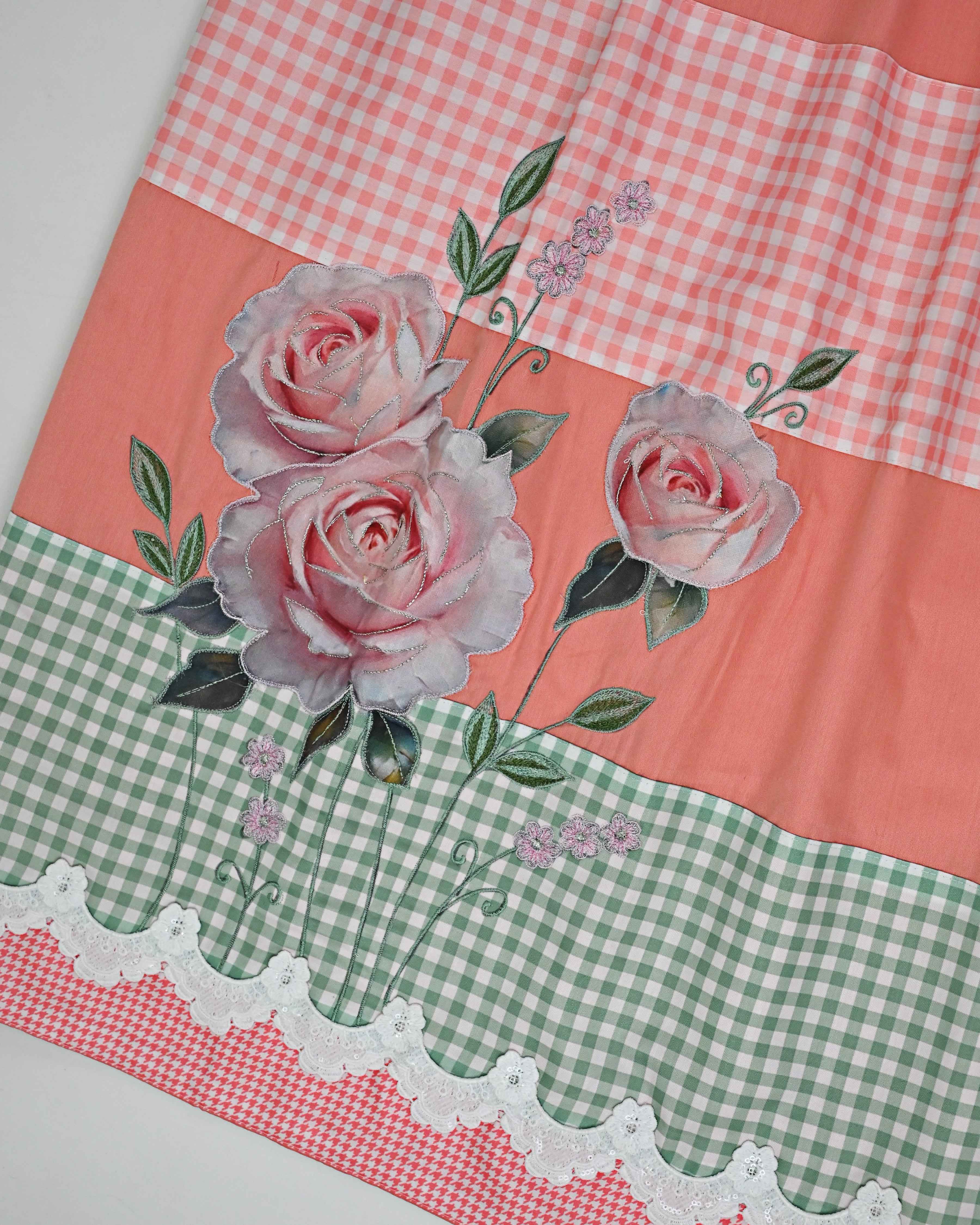 Coral Peach Rida With Smart Checks Panel & Smart Floral Applique Work