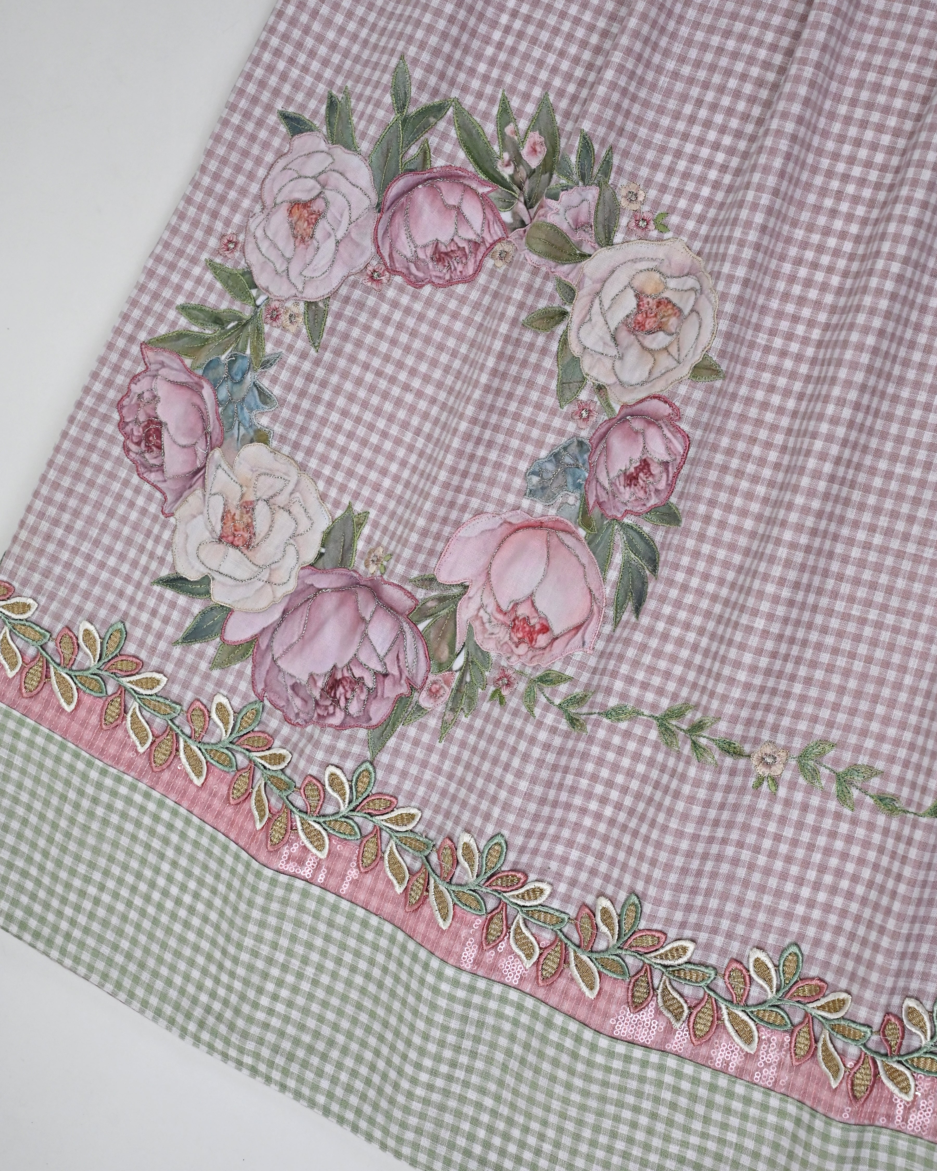 Gingham Check Pattern Mauve Rida With Green Checks Panel Floral Work & Applique Bunch