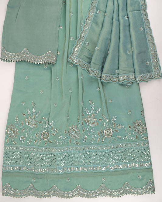 Sea Green RCJ With Heavy Floral Aari Work & Beautifuly Design Duppatta