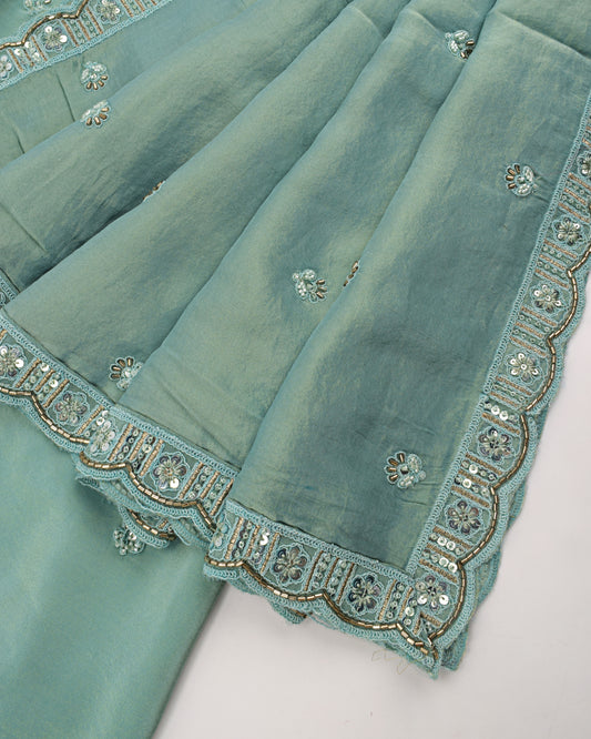 Sea Green RCJ With Heavy Floral Aari Work & Beautifuly Design Duppatta