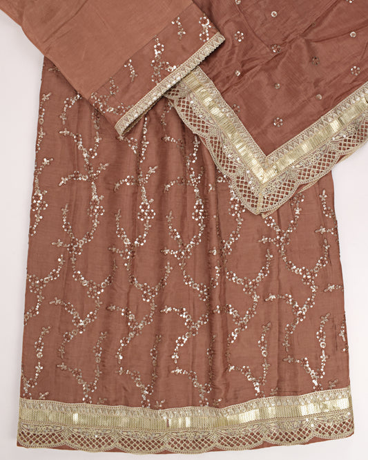 Rusty Orange RCJ With Full Tikri Work Golden Lace & Same Dupatta With Lace