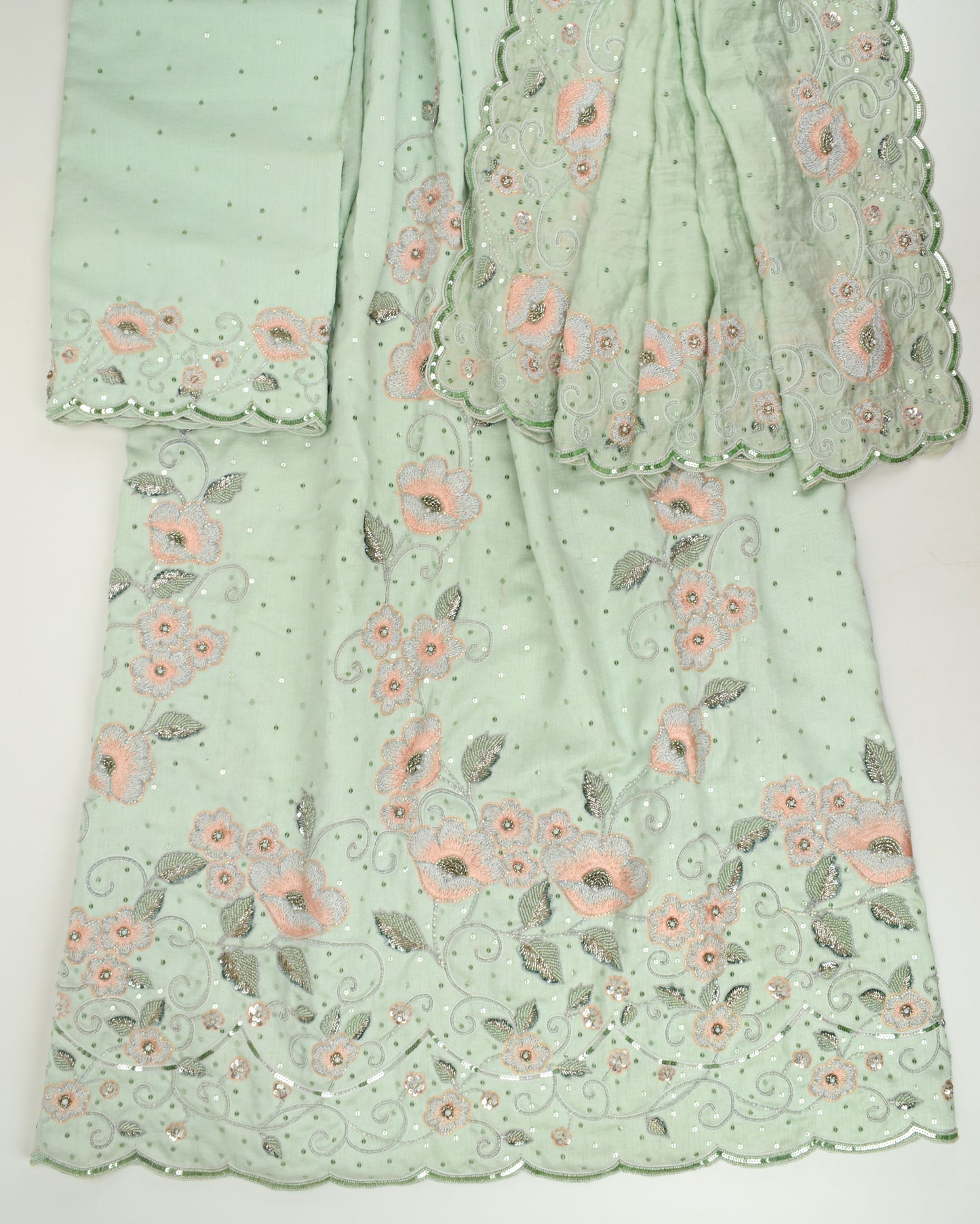 Pistachio RCJ With Heavy Floral Aari Work & Duppatta With Full Border Work