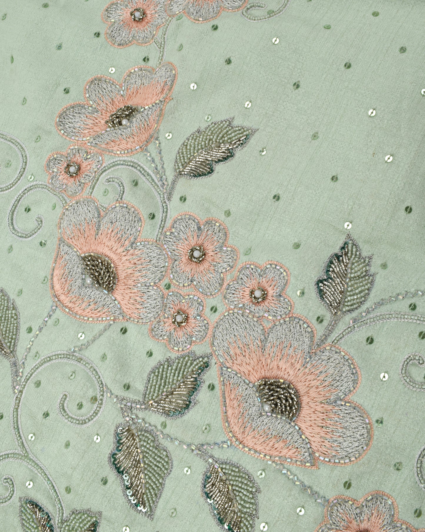 Pistachio RCJ With Heavy Floral Aari Work & Duppatta With Full Border Work