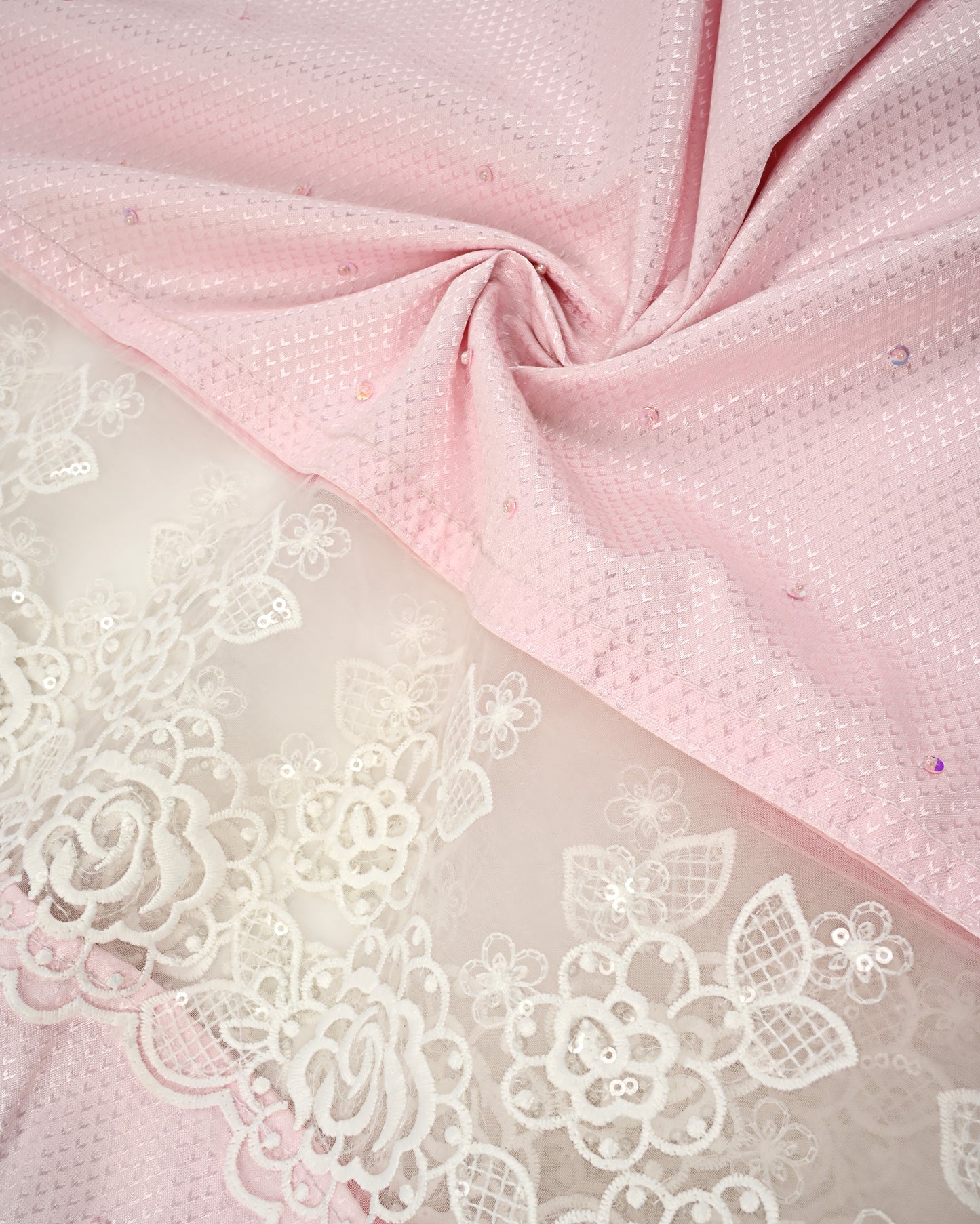 Baby Pink Rida With Smart White Lace & Floral Aari Border