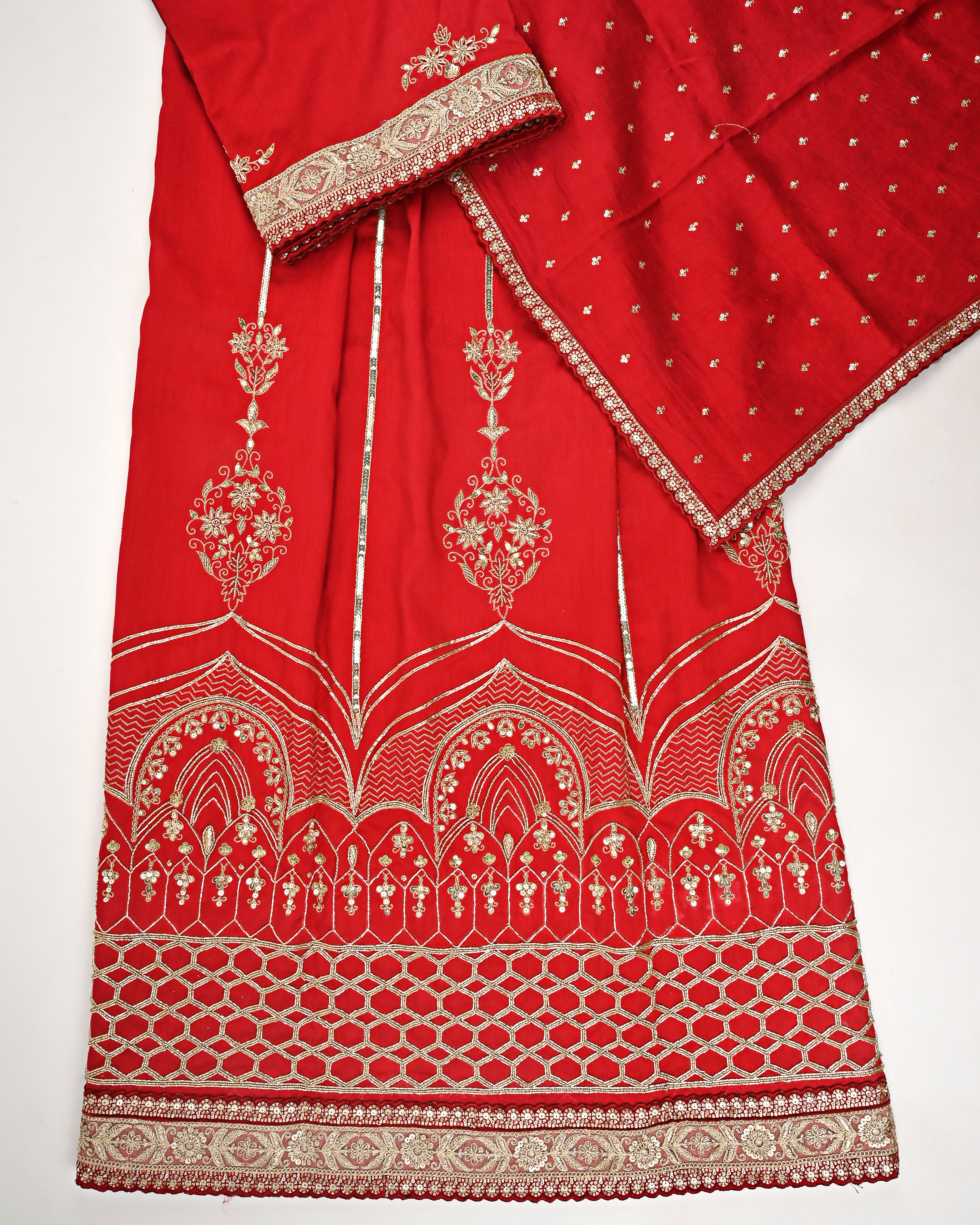 Red Color RCJ With Golden Aari Work & Smart Golden Lace