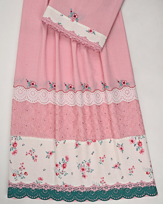 Baby Pink White Checks Popcorn Rida With Floral Lace Panel & Smart Floral All Over Work