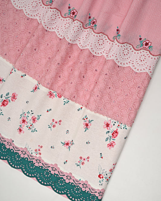 Baby Pink White Checks Popcorn Rida With Floral Lace Panel & Smart Floral All Over Work