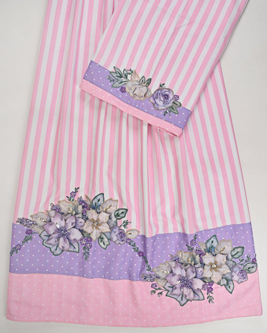 White Pink Stripes Rida With Purple & Pink Panel & Floral Applique With Aari TouchUp