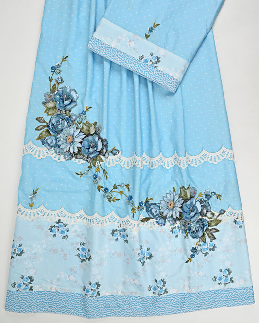 Light Blue Dots Rida With Smart Floral Panel & Floral Aari Work