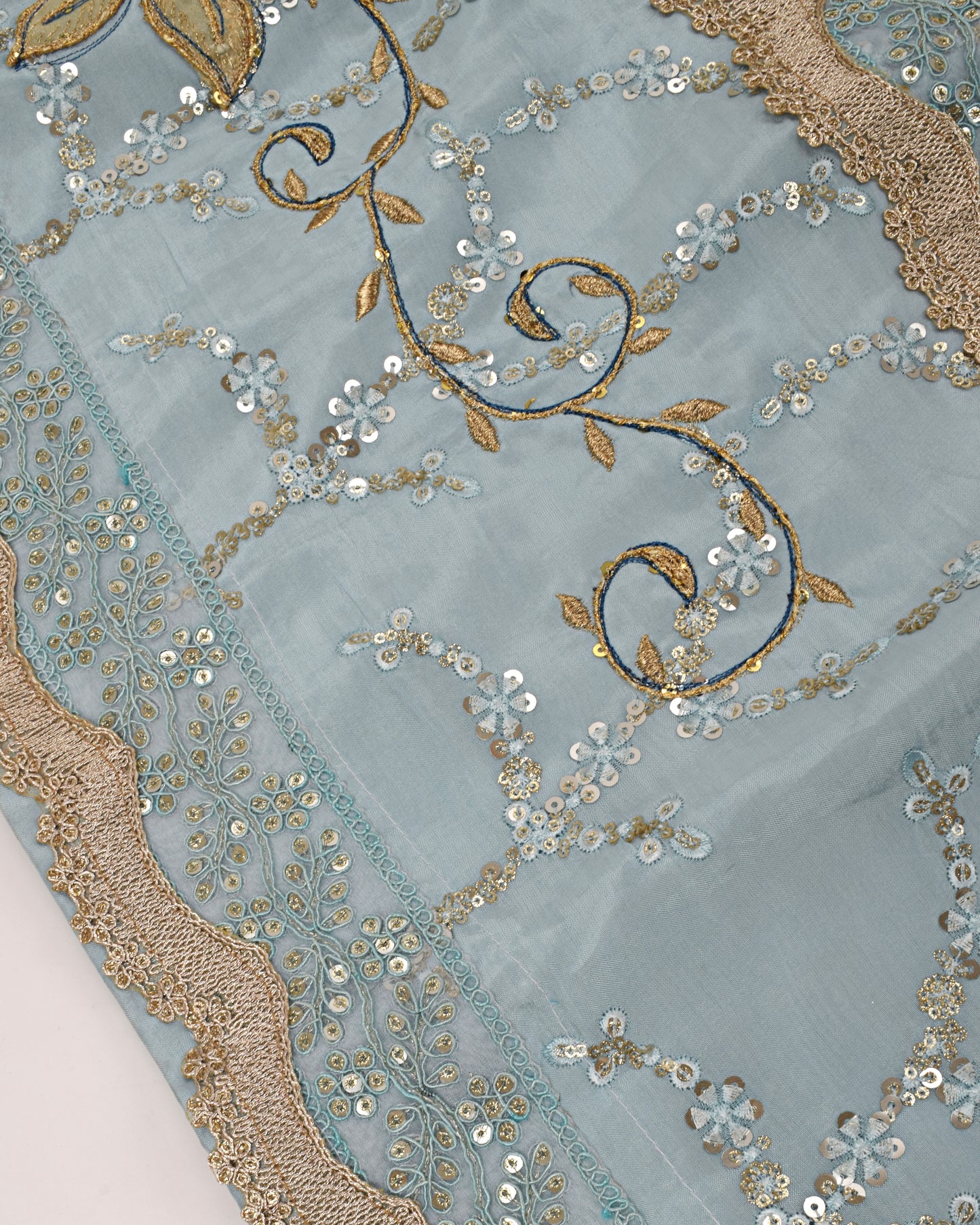 Light Blue RCJ With Beautiful Tissue Rose Work & Heavy Pardi & Duppatta