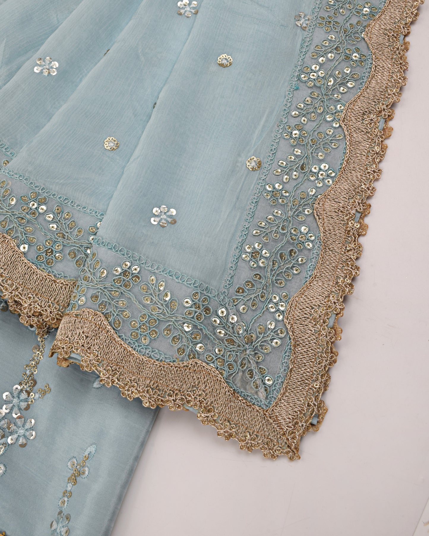 Light Blue RCJ With Beautiful Tissue Rose Work & Heavy Pardi & Duppatta