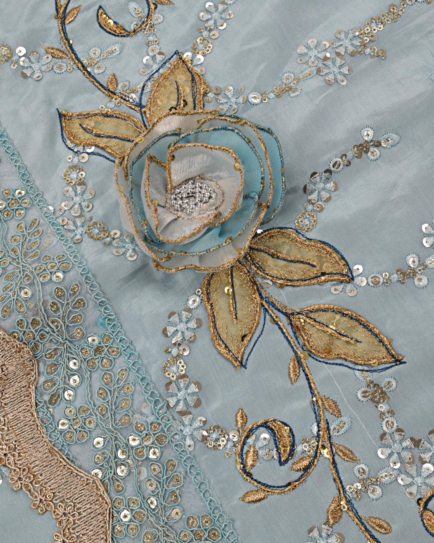 Light Blue RCJ With Beautiful Tissue Rose Work & Heavy Pardi & Duppatta