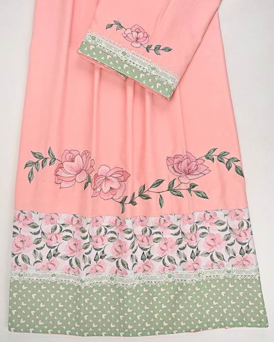 Blush Pink Rida With Smart Floral Print Panel & Floral Embriodery Work