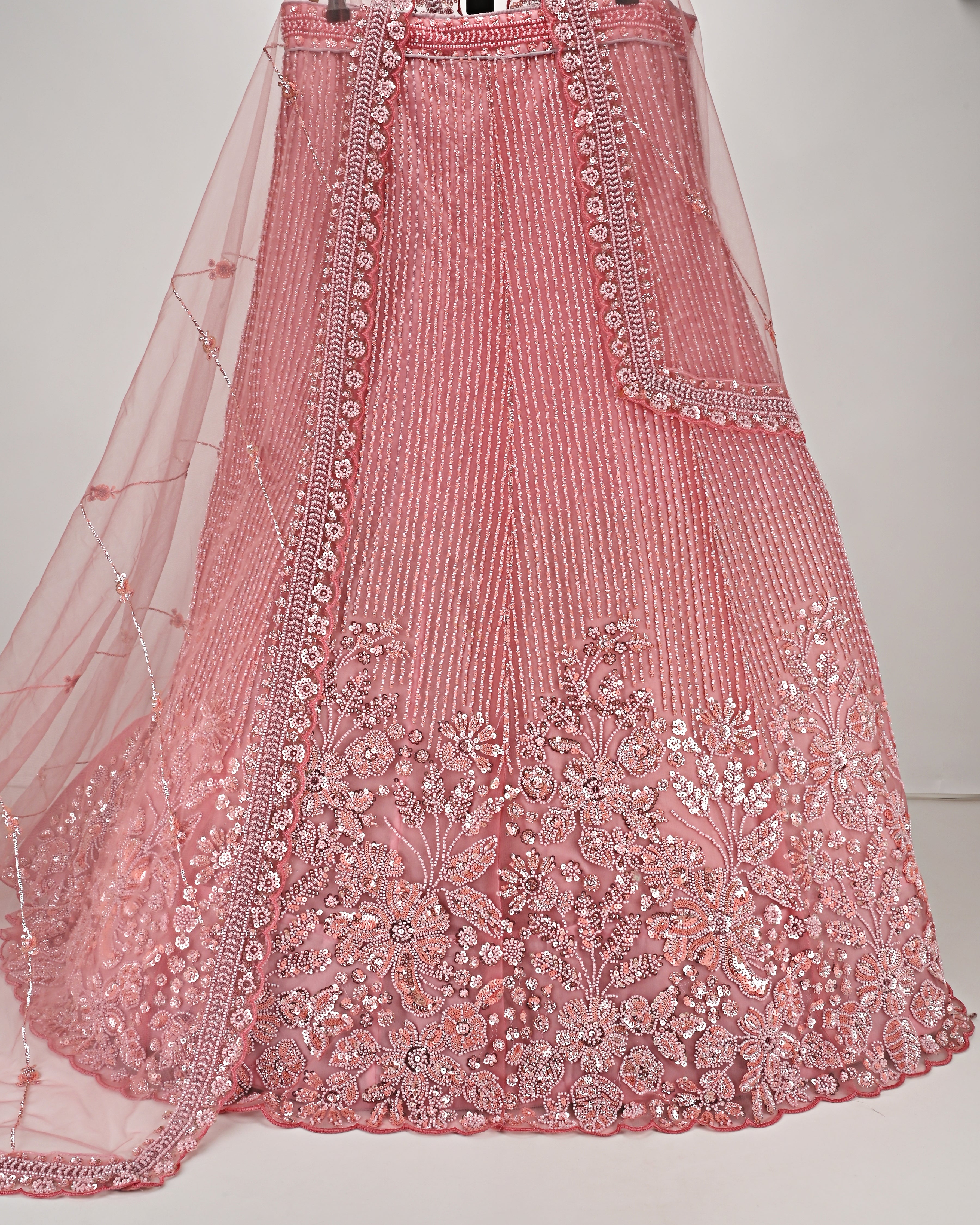 Coral Peach Bridal Jodi With Heavy Floral Aari Work & Cut Moti Work