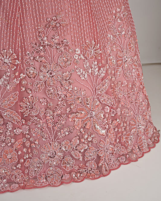 Coral Peach Bridal Jodi With Heavy Floral Aari Work & Cut Moti Work