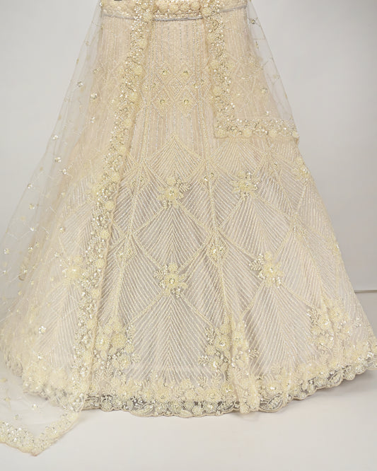 Butter Yellow Bridal Jodi With Full Moti Aari Work & Dupatta With Floral Border