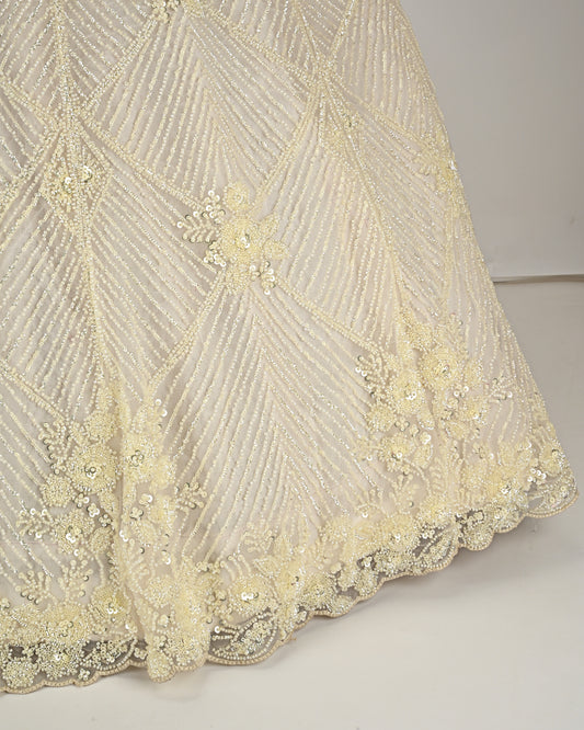 Butter Yellow Bridal Jodi With Full Moti Aari Work & Dupatta With Floral Border