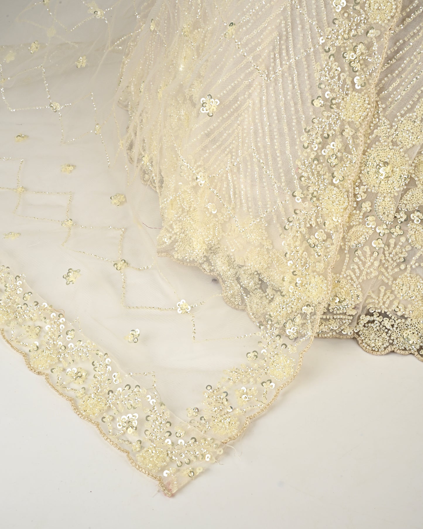 Butter Yellow Bridal Jodi With Full Moti Aari Work & Dupatta With Floral Border