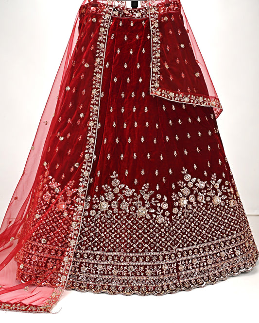 Deep Red Velvet Bridal Jodi With Heavy Golden All Over Booties & Floral Aari Work