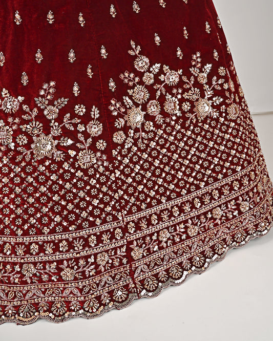 Deep Red Velvet Bridal Jodi With Heavy Golden All Over Booties & Floral Aari Work