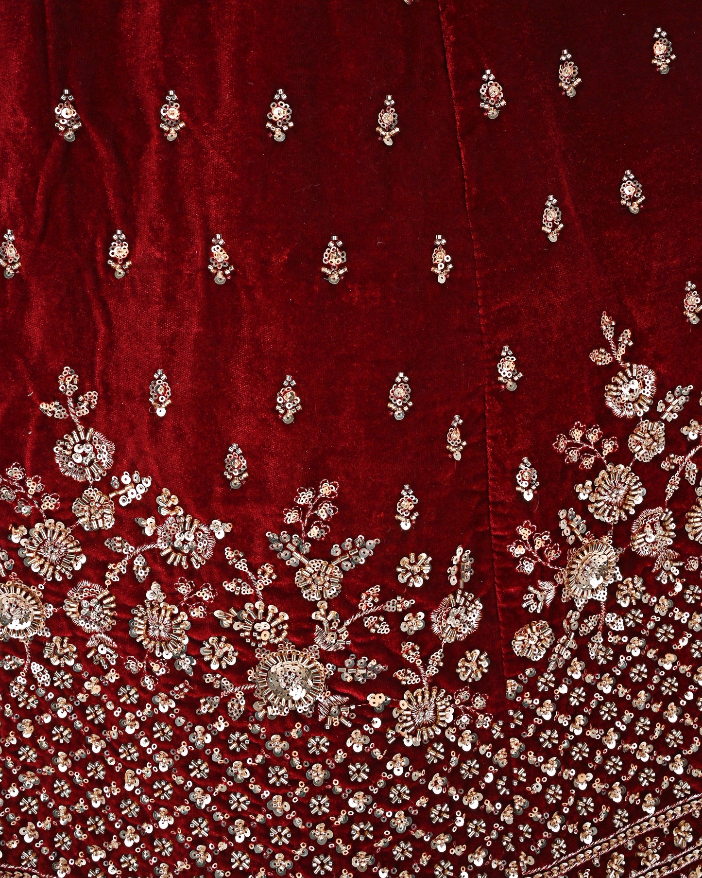 Deep Red Velvet Bridal Jodi With Heavy Golden All Over Booties & Floral Aari Work
