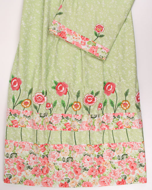 Green Self Print Rida With Smart Floral Work & Panel