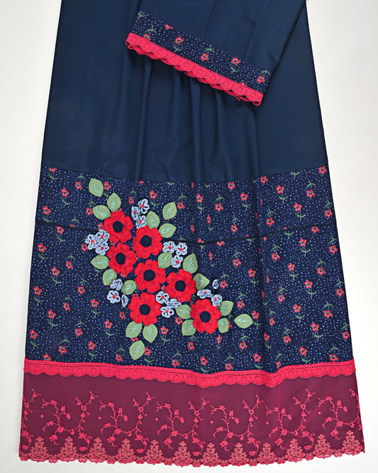 Dark Navy Blue With Smart Floral Print Panel Lace & Floral Work On Panel