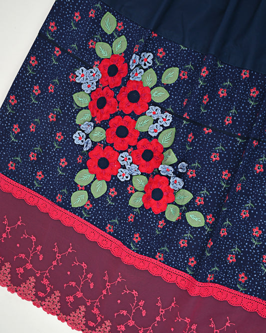 Dark Navy Blue With Smart Floral Print Panel Lace & Floral Work On Panel