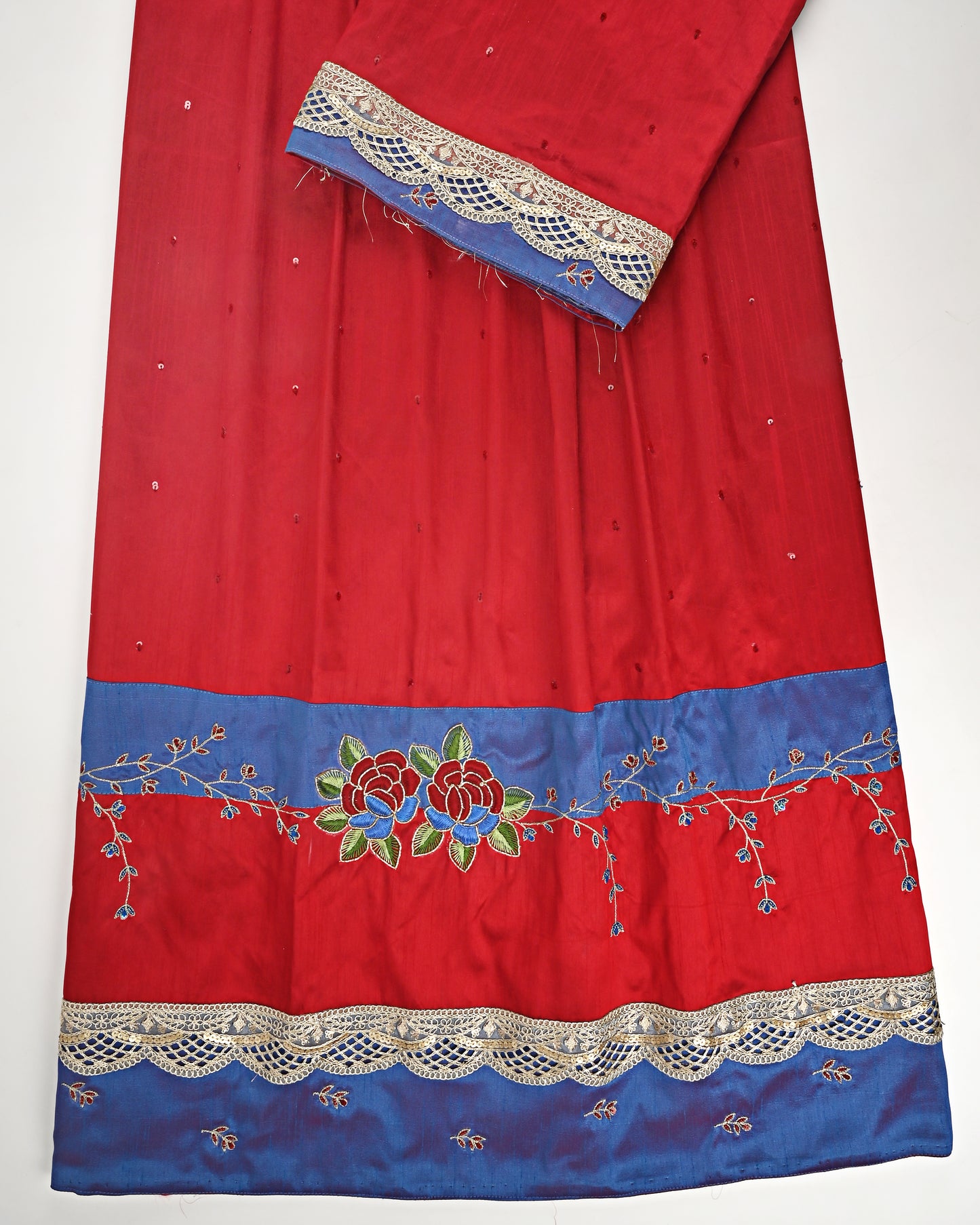 Cherry Red Rida With Blue Panel & Floral Heavy Aari Work