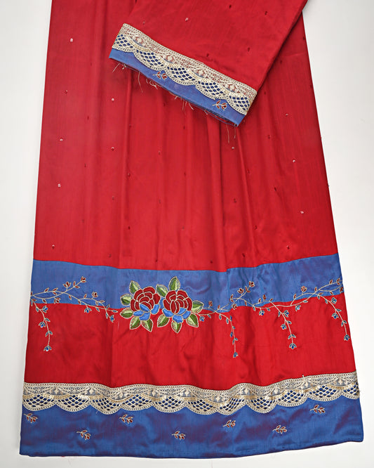 Cherry Red Rida With Blue Panel & Floral Heavy Aari Work