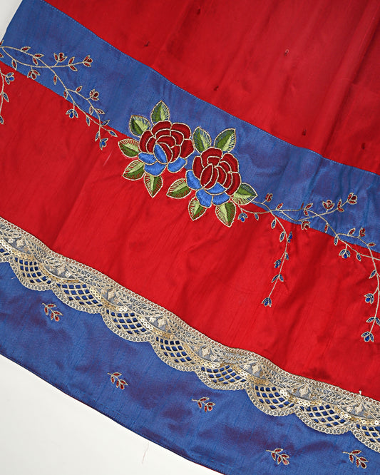 Cherry Red Rida With Blue Panel & Floral Heavy Aari Work