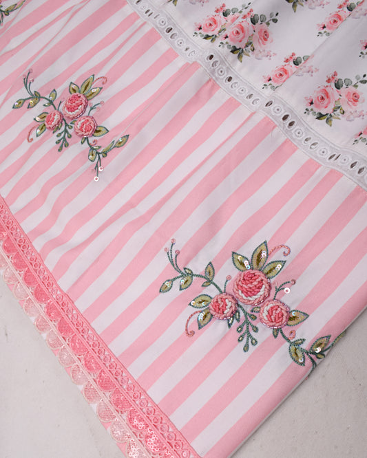 Pink & White Stripes Rida With Rose Print Panel & Bullion Work