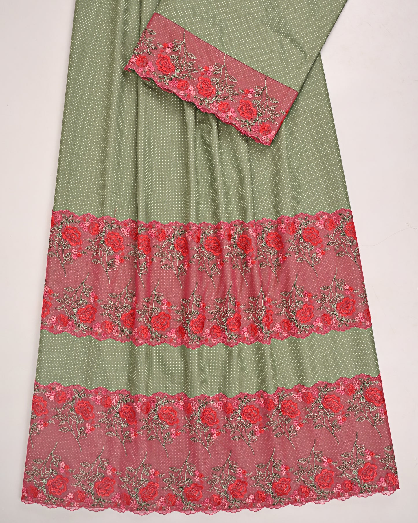 Green Dots Rida With Red Floral Lace Peice