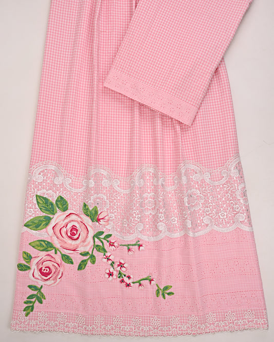 Baby Pink Checks Popcorn Rida With Smart Lace Panel & Floral Work