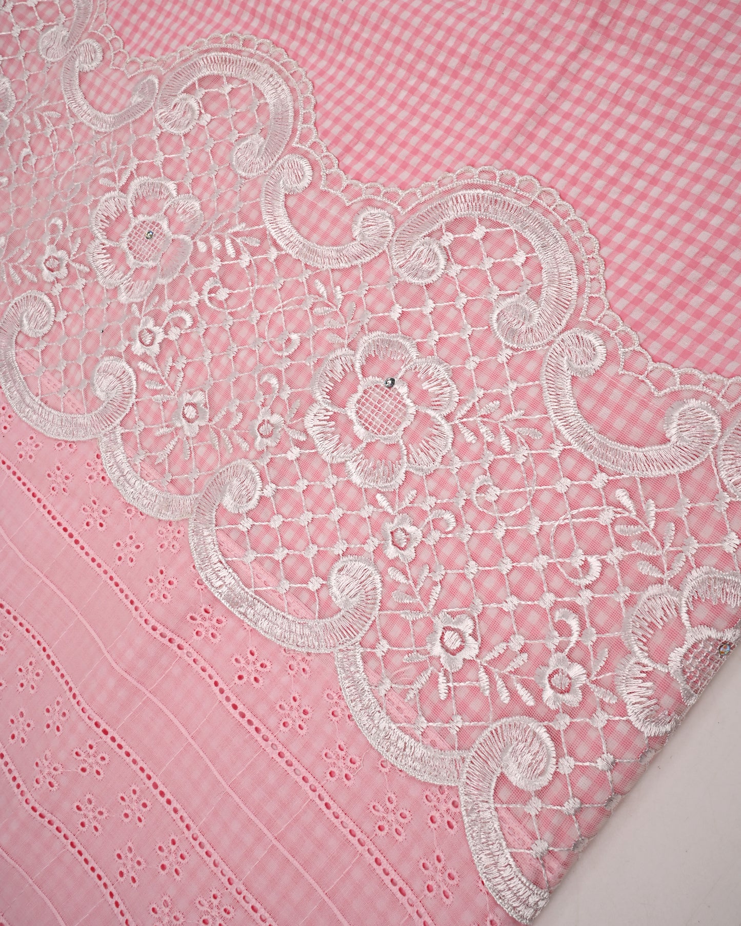 Baby Pink Checks Popcorn Rida With Smart Lace Panel & Floral Work