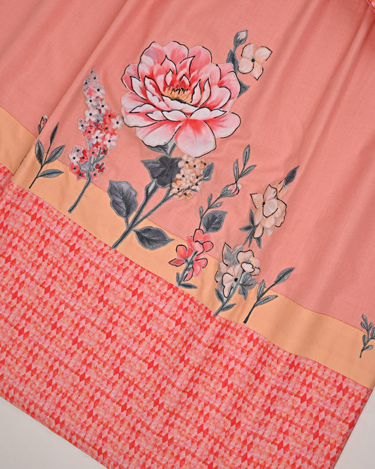 Tomato Red Rida With Smart Panel & Floral Applique Work