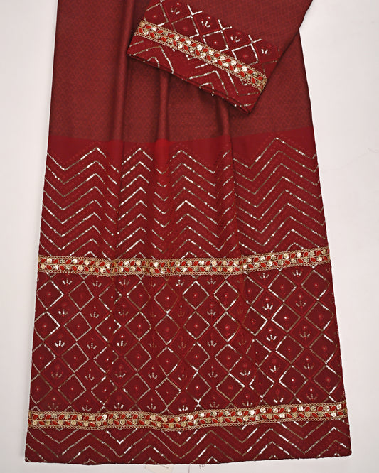Blood Red Rida With Golden Tikri Work & Heavy Look Lace