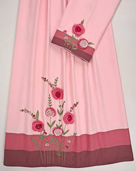 Misty Rose Pink Rida With Smart Dark Panel & Floral Handwork